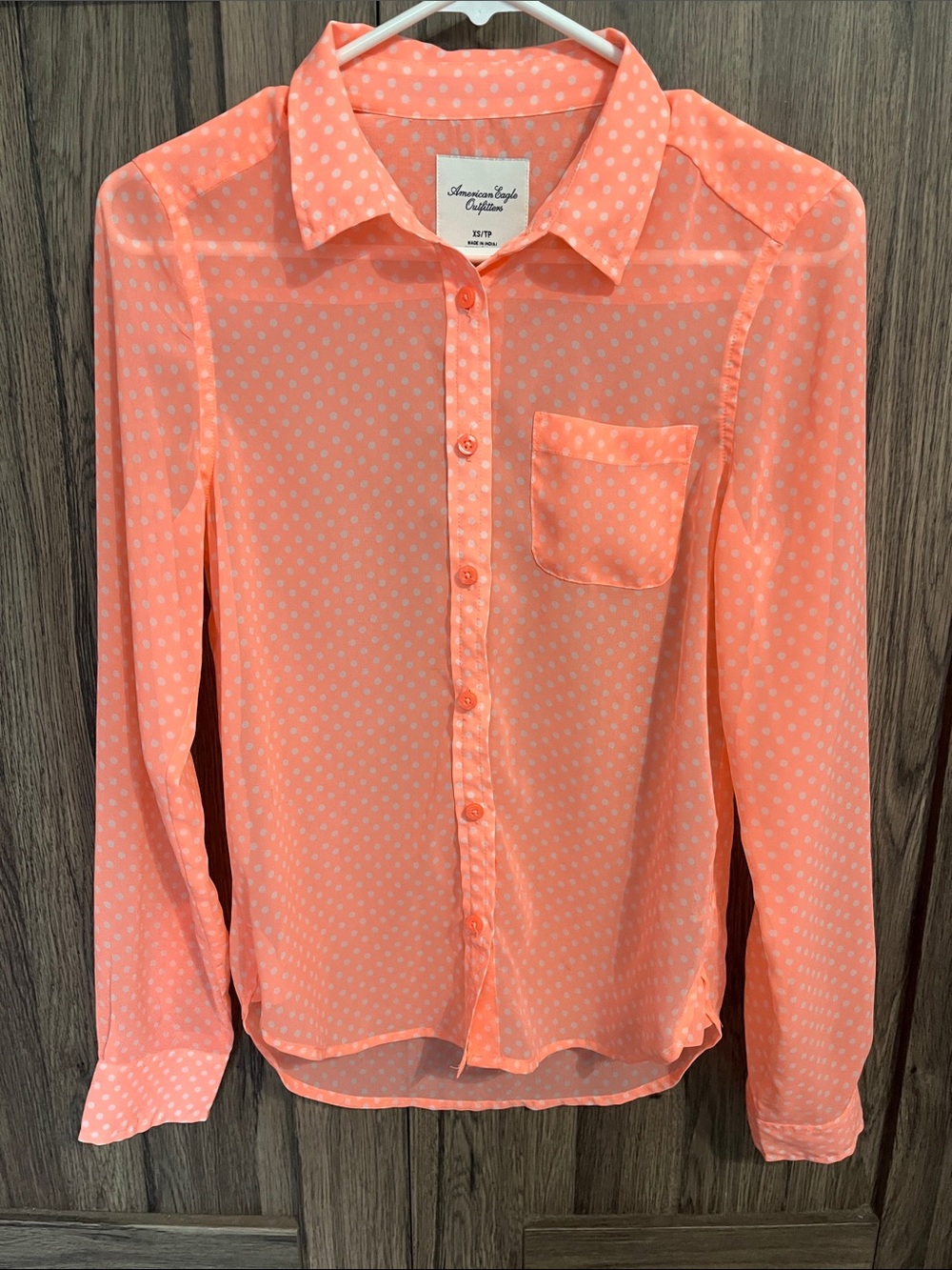 American Eagle Outfitters Coral Polka Dot Sheer Button-Up Blouse